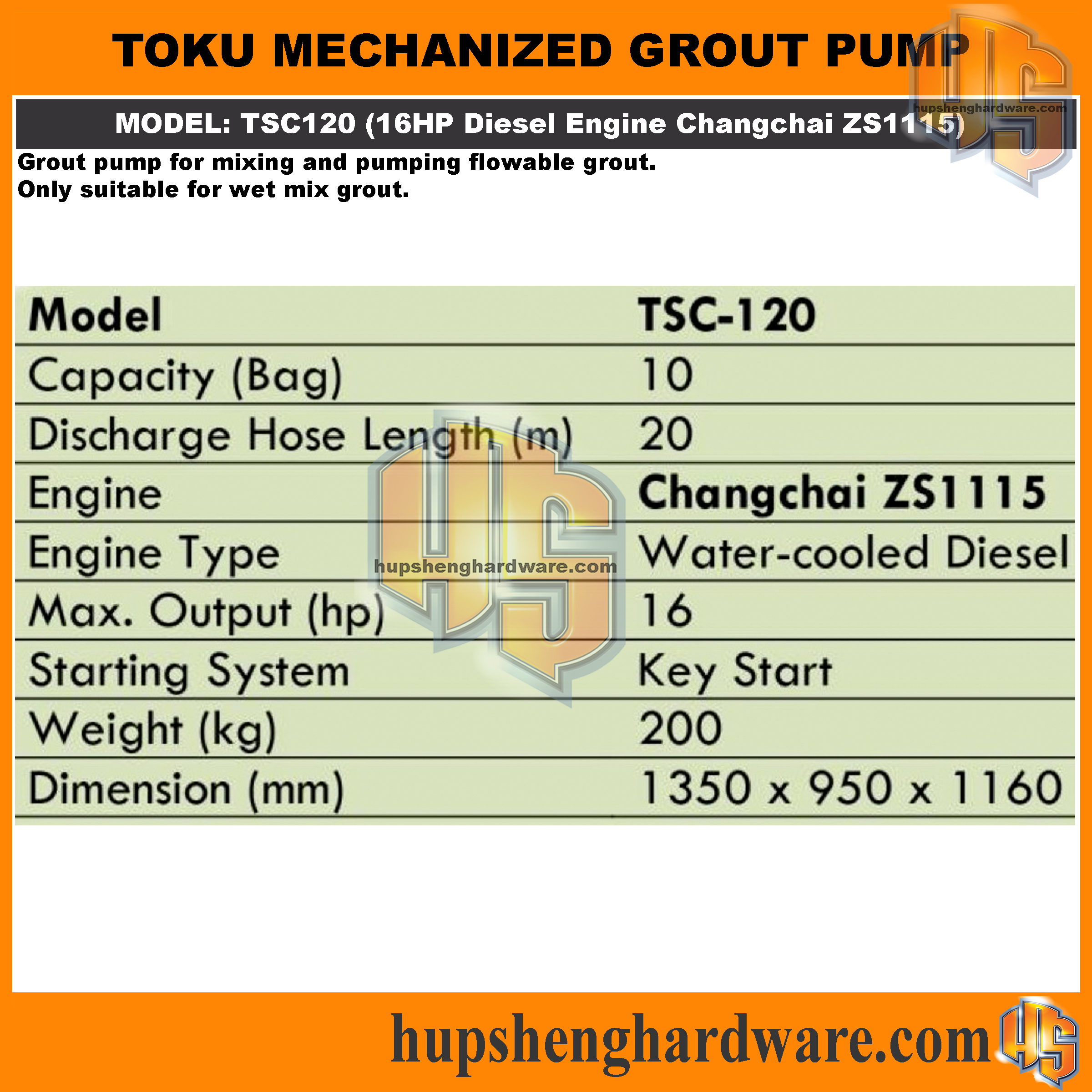 Toku TSC120 Grout Pump, 16HP Diesel Engine ChangChai ZS1115, Key Start, 200kg - Image 3