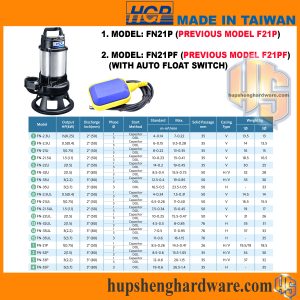 HCP FN21P-1, (Previous Model F21P-1), Submersible Sewage Pump, Power 750W, 1Ø, Discharge 2", Rated Head 8.5m, Rated Flow 260L/min, 19.5kg (Price is negotiable)