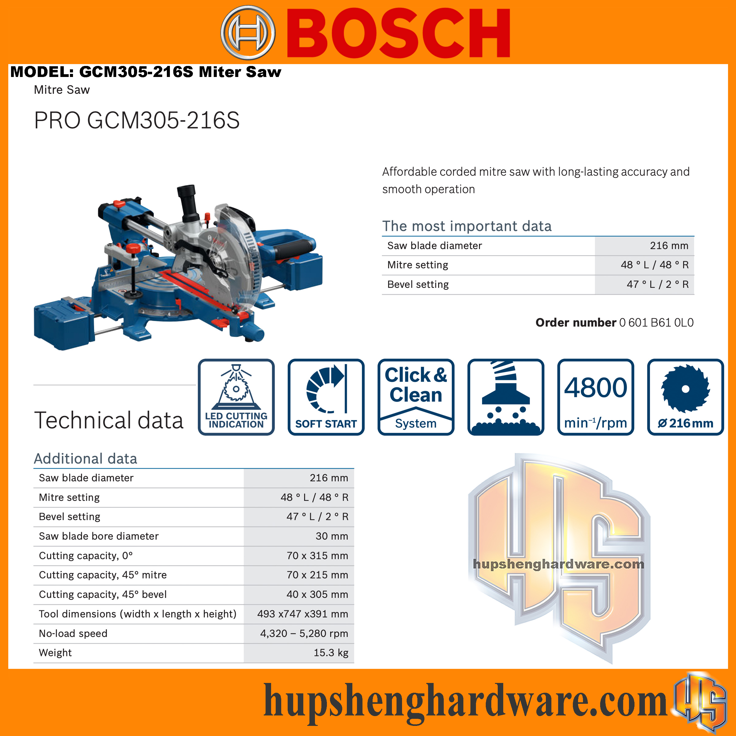 Bosch GCM305-216S, Slide Mitre Saw 8", 1300w, 4,320~5,280rpm, 15.3kg, 0601B610L0