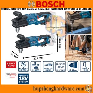 Bosch GRD18V-127 Solo Cordless Angle Drill, 18V, Chuck 13mm, Torque 70/100Nm, Speed 0-550/0-1800rpm, Wood 38mm, Metal 13mm, 3.1kg